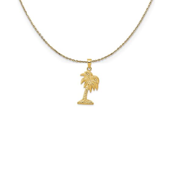 14k Yellow Gold Solid Textured Palm Tree Necklace - 24 Inch